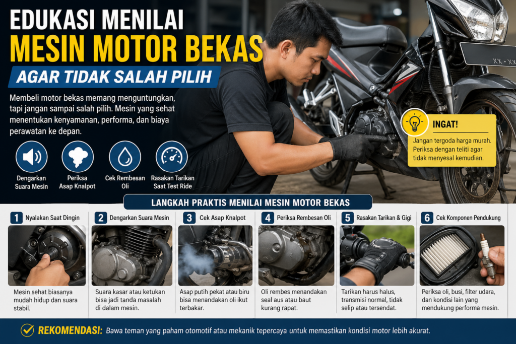 Pelajari edukasi menilai mesin motor bekas dengan tips, trik, rekomendasi, dan pembahasan praktis agar tidak salah pilih.