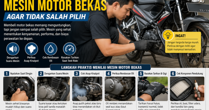 Pelajari edukasi menilai mesin motor bekas dengan tips, trik, rekomendasi, dan pembahasan praktis agar tidak salah pilih.