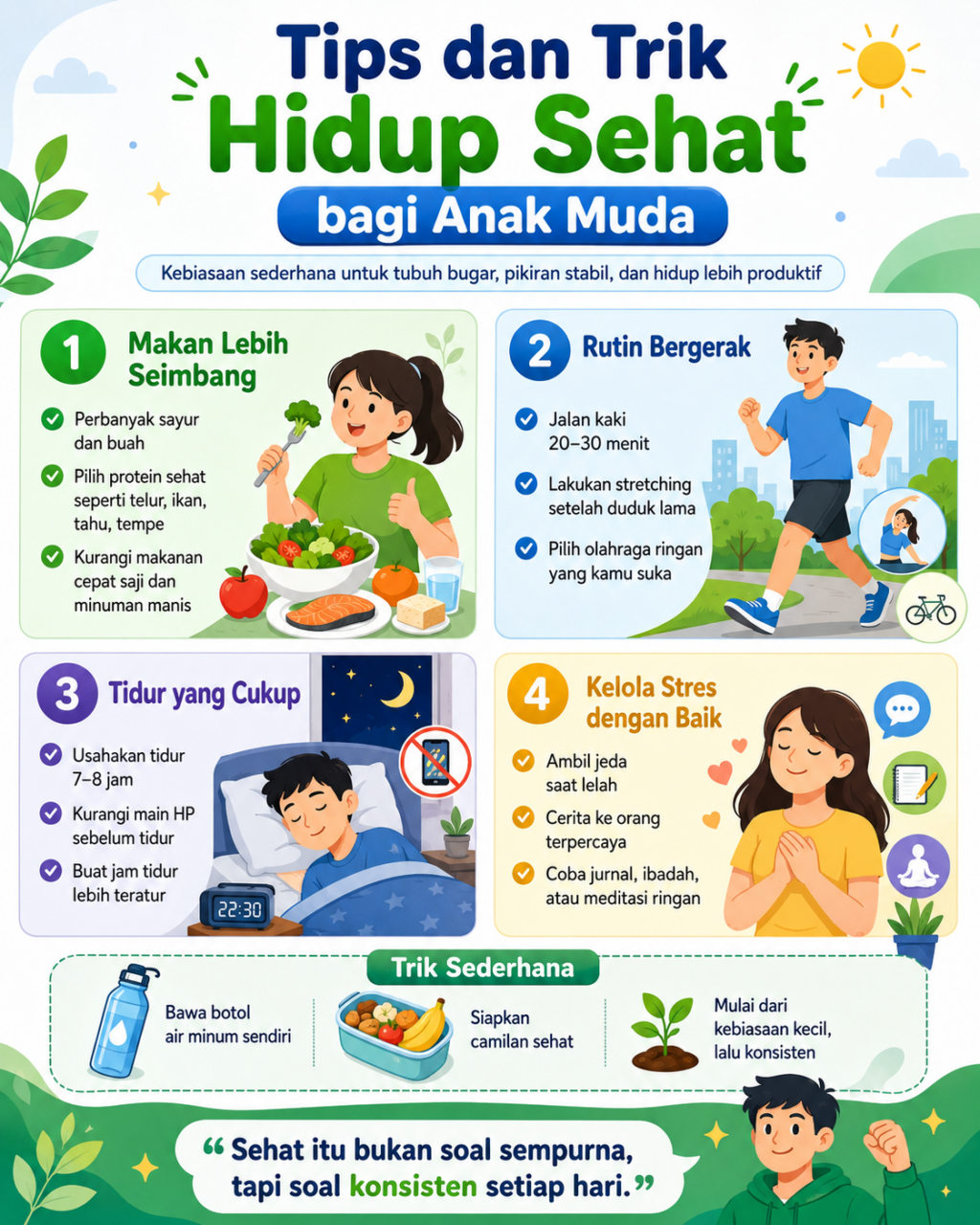 Pelajari kebiasaan kecil hidup sehat untuk anak muda agar tubuh lebih bugar, pikiran stabil, dan aktivitas harian terasa lebih produktif.